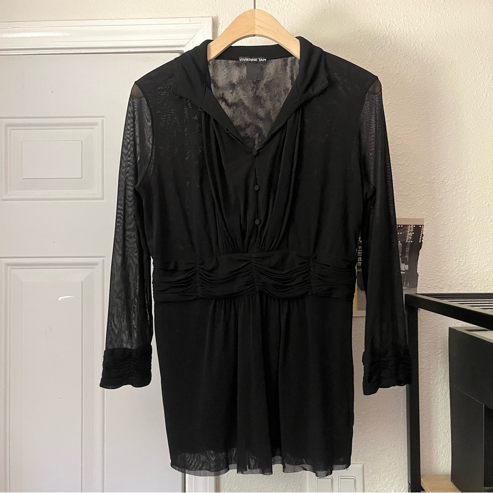 Vivienne Tam vintage black mesh sheer ruched long sleeve top